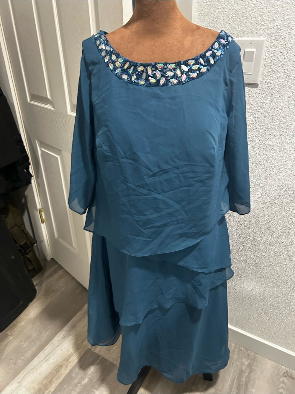 Teal Layered Chiffon Evening Dress with Beaded Neckline